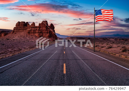 National American Flag Overlay. Middle of the Road View of a Scenic route National American Flag Overlay. Middle of the Road View of a Scenic route 76429947