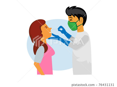The doctor examines the patient's DNA by a cotton swab probe (nose) to look for cooronavirus. Flat style cartoon illustration vector The doctor examines the patient's DNA by a cotton swab probe (nose) to look for cooronavirus. Flat style cartoon illustration vector 76431131