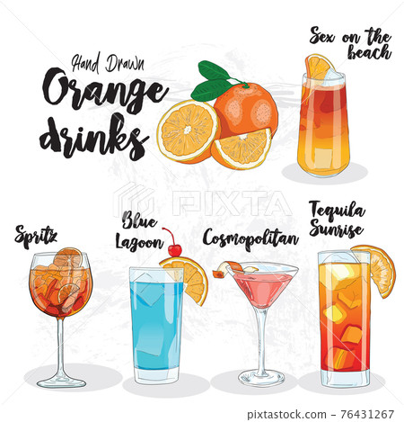 Hand Drawn Colorful Orange Drinks Set Sex on the beach Spritz Blue Lagoon Cosmopolitan Tequila Sunrise 76431267