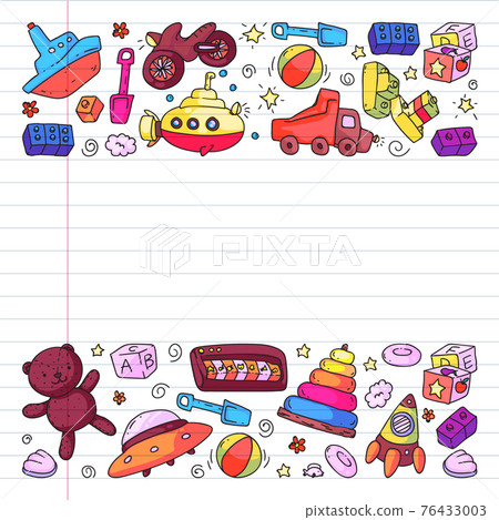 Vector pattern with kindergarten, toy children. Happy children illustration. Drawing on exercise notebook. Vector pattern with kindergarten, toy children. Happy children illustration. Drawing on exercise notebook. 76433003