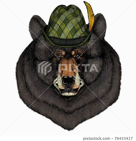 Bear wild animal face. Grizzly cute brown bear head portrait. Animal with tirol hat. Traditional headdress. Bear wild animal face. Grizzly cute brown bear head portrait. Animal with tirol hat. Traditional headdress. 76433417
