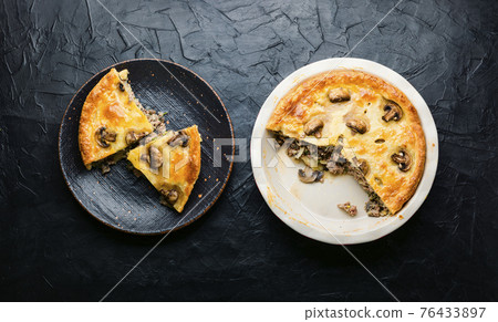 Meat pie with champignon,top view 76433897