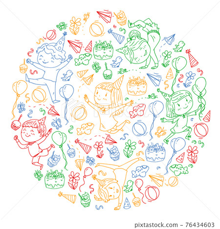 Vector illustration in cartoon style, active company of playful preschool kids jumping, at a party, birthday, colorful pen. Vector illustration in cartoon style, active company of playful preschool kids jumping, at a party, birthday, colorful pen. 76434603