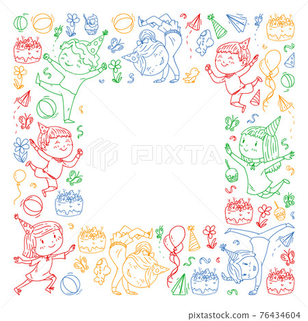 Vector illustration in cartoon style, active company of playful preschool kids jumping, at a party, birthday, colorful pen. Vector illustration in cartoon style, active company of playful preschool kids jumping, at a party, birthday, colorful pen. 76434604