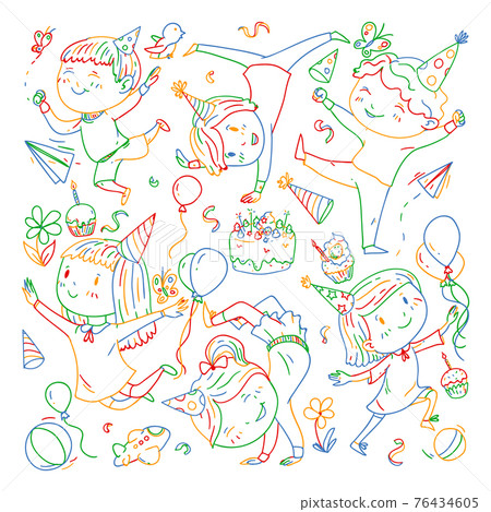 Vector illustration in cartoon style, active company of playful preschool kids jumping, at a party, birthday, colorful pen. Vector illustration in cartoon style, active company of playful preschool kids jumping, at a party, birthday, colorful pen. 76434605