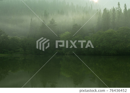 The surface of the water where the morning mist flows 76436452