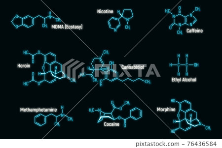 Set of glow neon style concept 9 narcotic chemical formula icon label, text font vector illustration, isolated on wall background. Periodic element table. 76436584