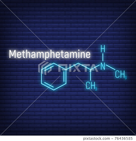 Methamphetamine glow neon style concept chemical formula icon label, text font vector illustration, isolated on wall background. Periodic element table. Methamphetamine glow neon style concept chemical formula icon label, text font vector illustration, isolated on wall background. Periodic element table. 76436585