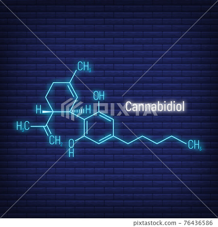 Cannabidiol concept glow neon style chemical formula icon label, text font vector illustration, isolated on wall background. Cannabidiol concept glow neon style chemical formula icon label, text font vector illustration, isolated on wall background. 76436586