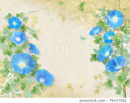 Summer image of golden Japanese paper background with blue morning glory 76437982