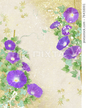 Summer image of golden Japanese paper background with purple morning glory Summer image of golden Japanese paper background with purple morning glory 76438001