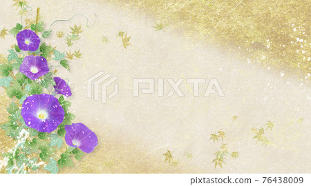Summer image of golden Japanese paper background with purple morning glory Summer image of golden Japanese paper background with purple morning glory 76438009