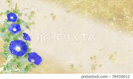 Summer image of the background of golden Japanese paper with indigo morning glory blooming Summer image of the background of golden Japanese paper with indigo morning glory blooming 76438012
