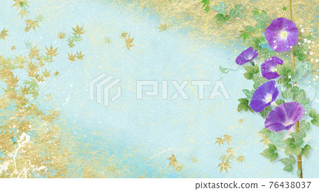 Summer image of golden Japanese paper background with purple morning glory 76438037