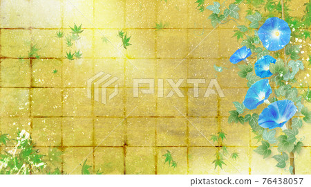 Summer image of the background of a golden folding screen with a blue morning glory 76438057