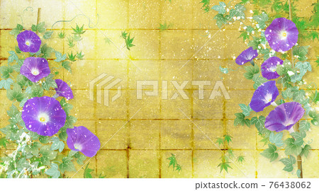 Summer image of a golden folding screen background with purple morning glory 76438062