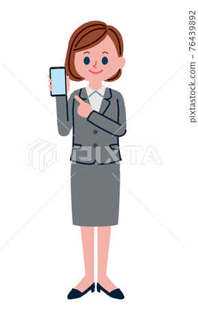 一個穿著西裝的女人拿著智能手機的插圖 76439892