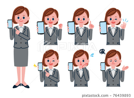 一個穿著西裝、拿著智能手機的女人的插圖集 76439893