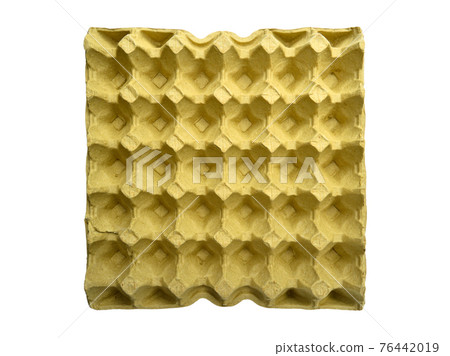 Beige and yellow empty egg carton, recyclable egg container made of pulp 76442019