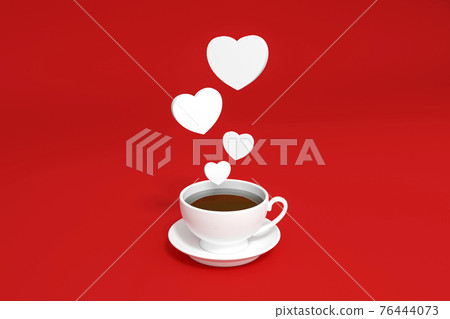 Many sweet Hearts floating on the coffee cup with red background 3d rendering. 3d illustration morning of Love and Valentines Day greeting card template minimal concept. 76444073