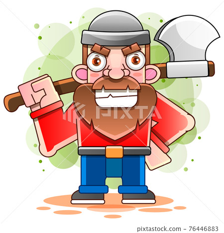 Lumberjack with axe and downed log, forest background. Vector Lumberjack with axe and downed log, forest background. Vector 76446883