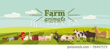 Farm animals and birds set in trendy cute style, including horse, cow, donkey, sheep, goat, pig, rabbit, duck, goose, turkey, rooster,ram, dog, cat, bull and chicken, isolated on rural landscape, farm Farm animals and birds set in trendy cute style, including horse, cow, donkey, sheep, goat, pig, rabbit, duck, goose, turkey, rooster,ram, dog, cat, bull and chicken, isolated on rural landscape, farm 76447573