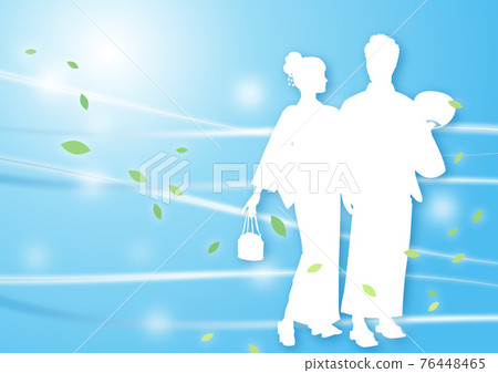 Yukata illustration silhouette couple 1 wind glitter light blue, blue, blue 76448465