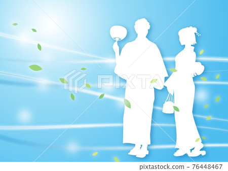 Yukata illustration silhouette couple 3 wind glitter light blue, blue, blue Yukata illustration silhouette couple 3 wind glitter light blue, blue, blue 76448467