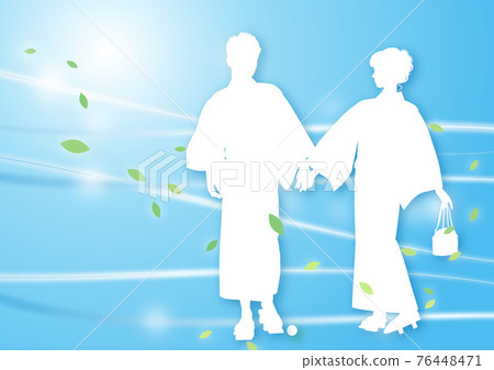 浴衣插圖剪影情侶 7 風閃光淡藍色，藍色，藍色 76448471