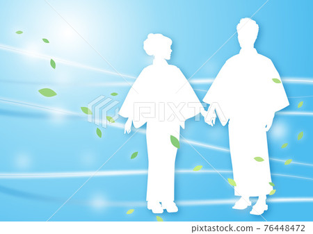 浴衣插圖剪影情侶 8 風閃光淡藍色，藍色，藍色 76448472