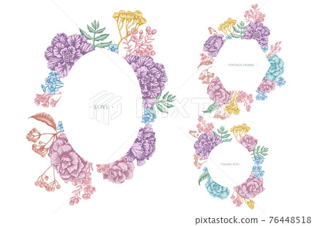 Floral frames with pastel wax flower, forget me not flower, tansy, ardisia, brassica, decorative Floral frames with pastel wax flower, forget me not flower, tansy, ardisia, brassica, decorative 76448518