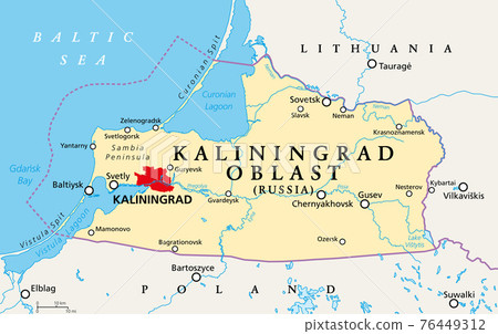 Kaliningrad Oblast, political map. Kaliningrad Region, federal subject and semi-enclave of Russia, located on the coast of the Baltic Sea, with administrative centre Kaliningrad. Illustration. Vector. Kaliningrad Oblast, political map. Kaliningrad Region, federal subject and semi-enclave of Russia, located on the coast of the Baltic Sea, with administrative centre Kaliningrad. Illustration. Vector. 76449312