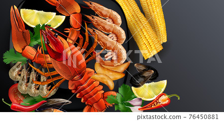 Seafood dish with lobster, shrimps and corn cobs. 76450881