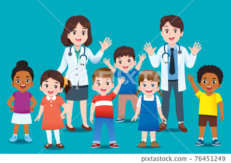 The doctor invites international kids group to come for annual health checkup. The doctor invites international kids group to come for annual health checkup. 76451249