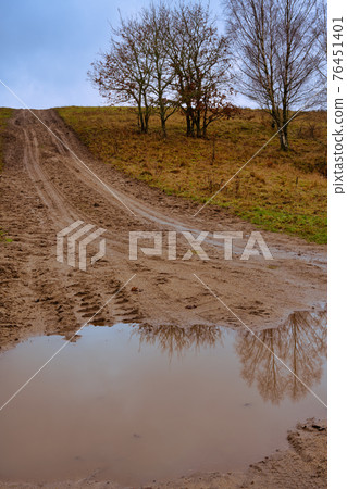 A muddy puddle and a dirt road at a moor. Picture from Revingehed, Scania, Sweden 76451401
