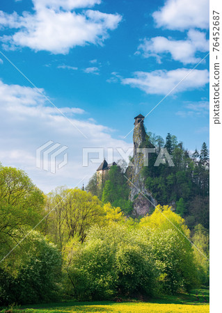 oravsky podzamok, slovakia - MAY 01, 2019: castle tower on the rock. beautiful sunny landscape in springtime. trees in green foliage on the meadow beneath a sky with clouds. popular travel destination oravsky podzamok, slovakia - MAY 01, 2019: castle tower on the rock. beautiful sunny landscape in springtime. trees in green foliage on the meadow beneath a sky with clouds. popular travel destination 76452687