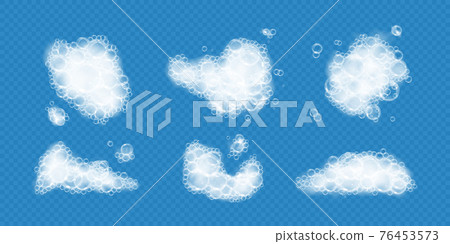 Bath foam with soap bubbles isolated on transparent background. Realistic soap sud texture. Vector illustration of shampoo, gel or facial mousse lather top view 76453573