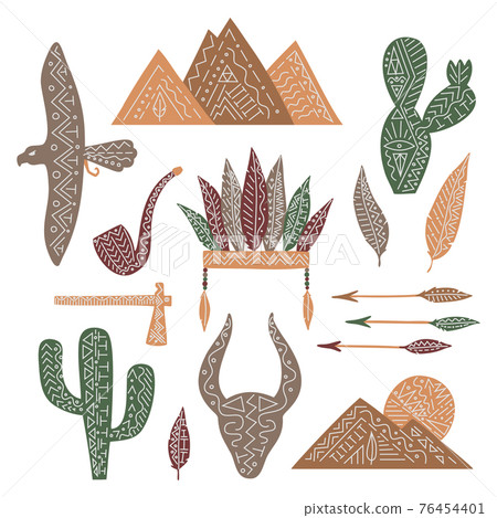 Set of wild west elemets, isolated vector feathers, pipe, eagle, cactuses, mountains, bull, arrows. Can use for menu, web, stickers, decorating. 76454401