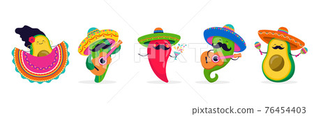 Cinco de Mayo - May 5, federal holiday in Mexico. Fun, cute characters as chilli pepper, avocado 76454403