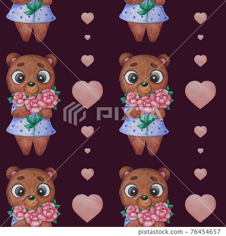 Seamless pattern. Cute character bear - a girl with a bouquet of pink flowers on a burgundy background with hearts. Watercolor For printing, valentines, textiles, wallpaper, packaging, design, decor Seamless pattern. Cute character bear - a girl with a bouquet of pink flowers on a burgundy background with hearts. Watercolor For printing, valentines, textiles, wallpaper, packaging, design, decor 76454657