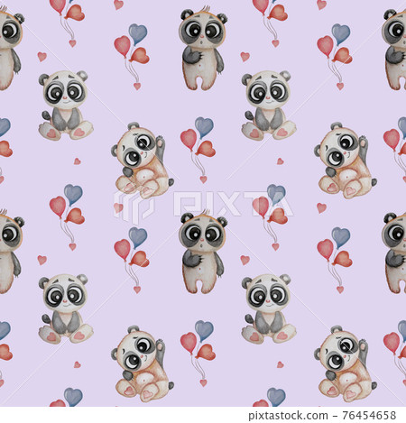 Seamless patterns with cute bears. Funny pandas on a light purple background with hearts and balloons. Watercolor. Childrens collection. For printing, textiles, wallpaper, packaging, design 76454658
