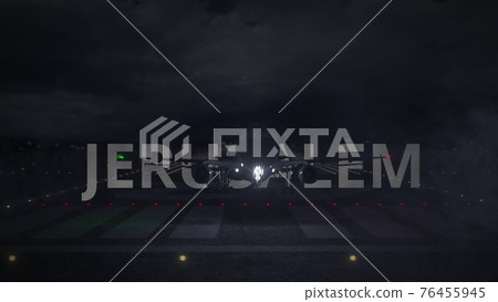 JERUSALEM text and commercial plane taking off from the airport runway at night, 3d rendering 76455945