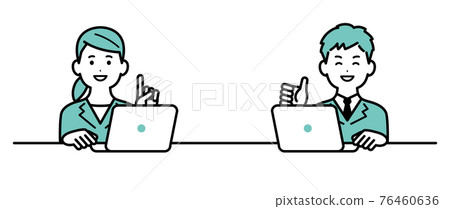 Illustration of a business person working on a computer in a suit, male and female smiling 76460636