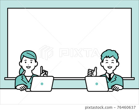 Illustration background of a business person working on a computer in a suit and a whiteboard Illustration background of a business person working on a computer in a suit and a whiteboard 76460637