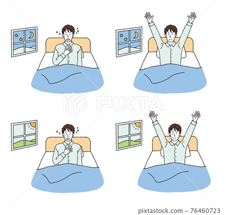 Illustration of a man in a state of lack of sleep and a good night's sleep 76460723