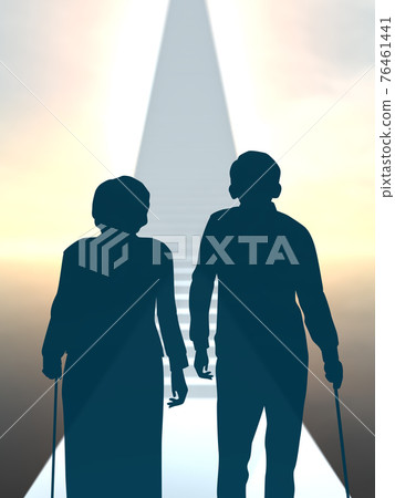Future of elderly men and women Silhouette upper body long stairs CG illustration vertical Future of elderly men and women Silhouette upper body long stairs CG illustration vertical 76461441