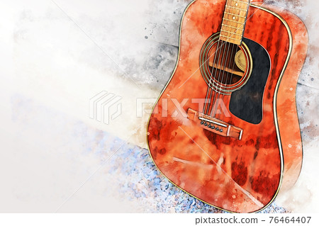 Abstract colorful acoustic guitar in the foreground on Watercolor painting background and Digital illustration brush to art. 76464407