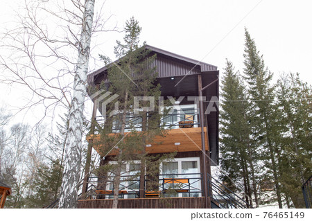 Modern two-storey wooden house in the forest among tall pines 76465149