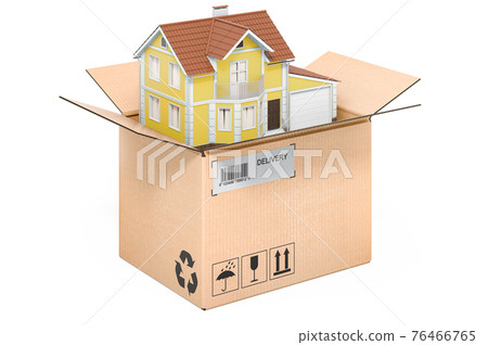 Residential Moving concept, house inside cardboard box, 3D rendering Residential Moving concept, house inside cardboard box, 3D rendering 76466765
