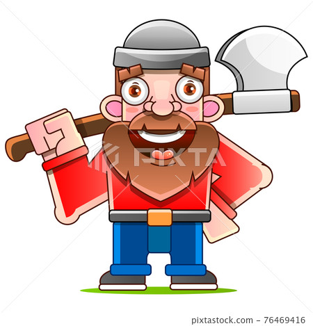 Lumberjack with axe and downed log, forest background. Vector 76469416